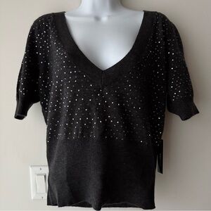 BCBG MAXAZRIA Wool Sequin Short Sleeve Deep V Knit Top Black XL NWT NYE Party